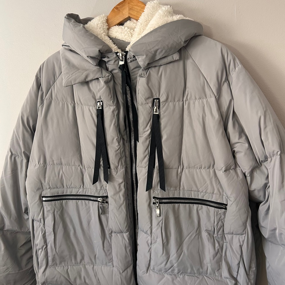 Orolay Jacket Womens 2XL Grey Duck Down Puffer Coat Hooded‎ Sherpa Lined Winter